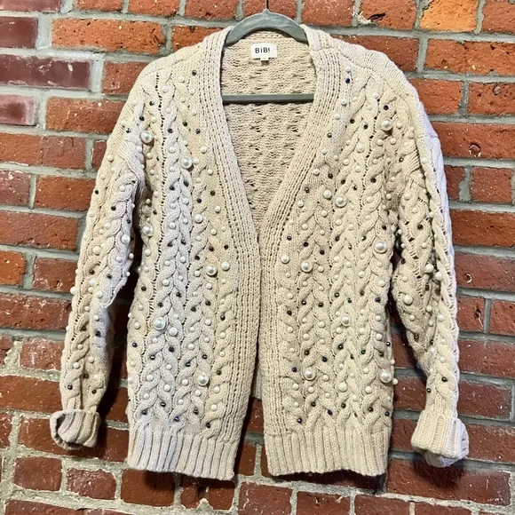 BiBi Women's Beige Cardigan with Pearl Details - Picture 1 of 5